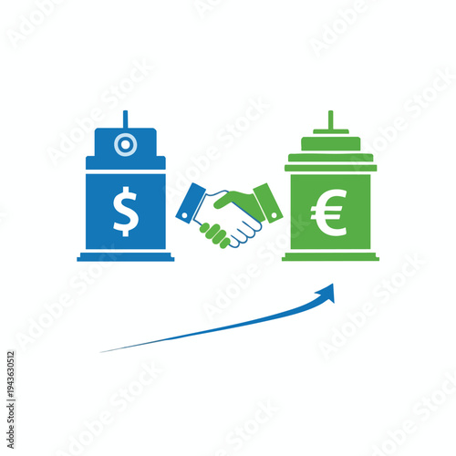 Dollar and Euro exchange represented by buildings, handshake, and arrow