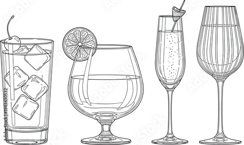 Elegant cocktail glass line art set, cocktail illustration collection, martini champagne goblet highball glasses, minimalist bar drinkware outline vector