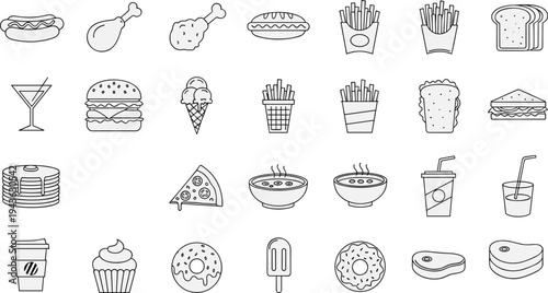 Fast food and dessert line icons set, burger pizza fries coffee sweets collection, street food outline vector illustration