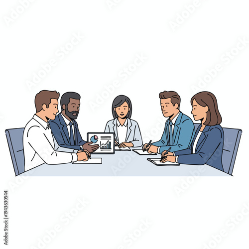 Diverse business team in a meeting reviewing charts and taking notes