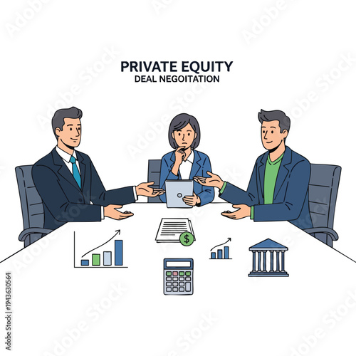 Three individuals in a meeting discuss finance with charts, calculator, and building icon