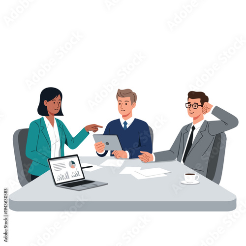 Three business professionals in a meeting, discussing charts and data