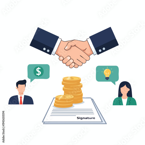 Business deal, handshake, coins, and thought bubbles with money and idea