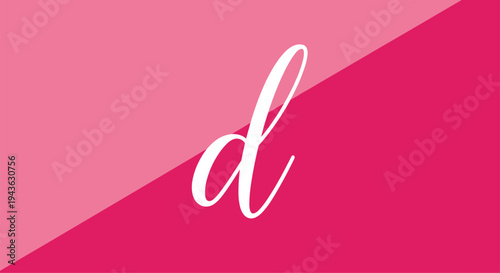Elegant script lowercase letter d is centered on a background split diagonally into light and dark pink sections.