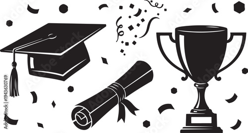 Graduation Celebration with Cap Diploma and Trophy Symbols