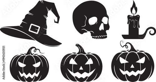 Halloween icons including pumpkins, witch hat, skull, and candle