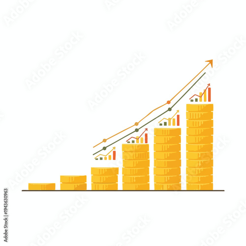 Stacks of coins growing taller with upward trending graphs and arrows