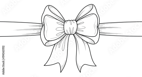 Large decorative ribbon bow is rendered with fine line work and shading to create a classic gift wrapping element.