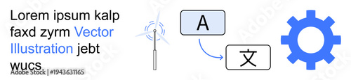 Translation, automation, technology, multilingual communication, digital tools, workflow optimization. Elements include text, translation icons and a gear symbol. Translation and automation concept