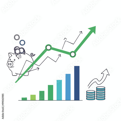 A whimsical illustration depicting financial growth with a piggy bank, bar chart, and rising arrow graphs