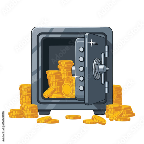 Open safe overflowing with stacks of shiny gold coins, some scattered around