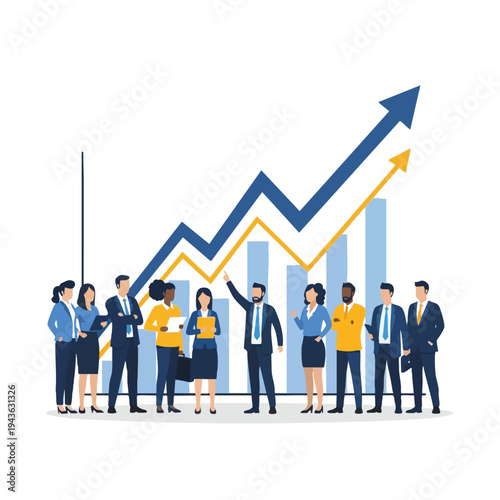 Diverse professionals celebrate upward trend on bar and line graph
