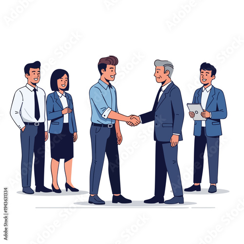 Diverse business people smiling, two men shake hands, others observe