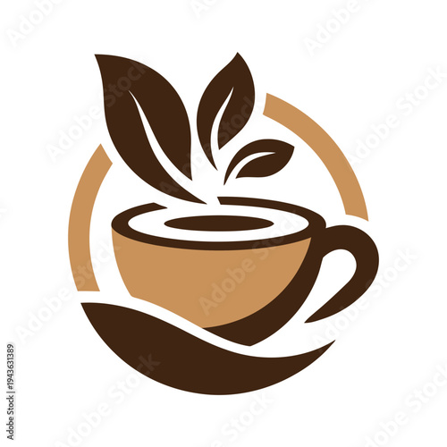 A stylish illustration of a coffee cup surrounded by a leafy green sprout symbolizing growth and refreshment.