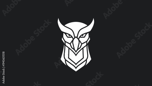Stylized Geometric Owl Head Emblem on Black Background.