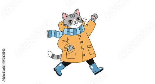 Cute grey tabby cat wearing a yellow winter coat and blue boots walks happily while waving one of its paws.