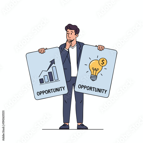 Thoughtful person holding signs for business growth and a bright idea