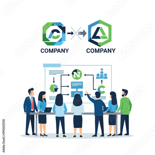Team meeting in front of a flowchart, discussing company growth and collaboration