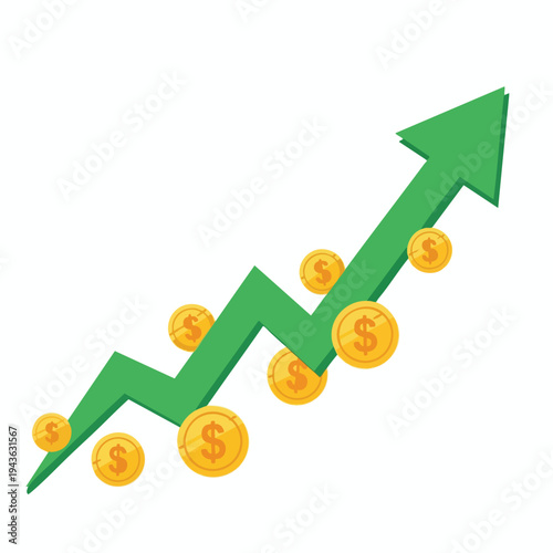 Green upward trending line graph with golden coins