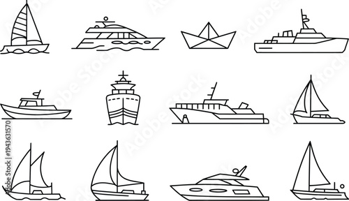 A comprehensive vector illustration set featuring nautical silhouettes of sailing ships, transport yachts, and ocean boats for marine travel design