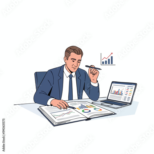 Man in suit analyzing charts and graphs on a desk with laptop