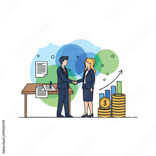 Business handshake, coins, charts, and documents on a desk