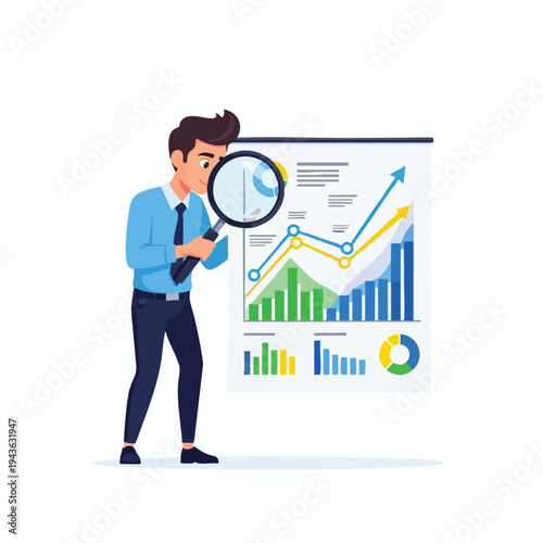 Man examining business charts with a magnifying glass