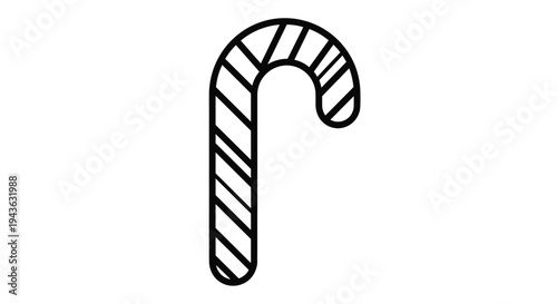 Traditional candy cane with diagonal stripes is shown as a simple black and white line drawing for holiday themes.