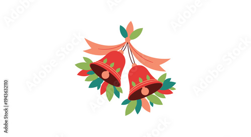 pair of red christmas bells decorated with green leaves and a pink ribbon bow are shown in a vibrant festive holiday illustration.