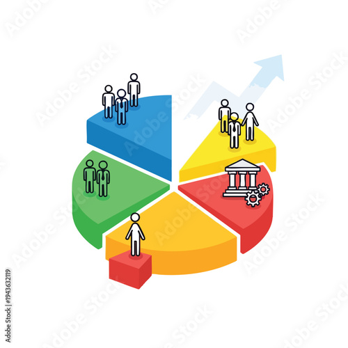 Abstract diagram with pie chart segments, figures, and upward arrow