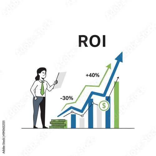 Person points at an upward trending graph showing financial growth, investment, and profit