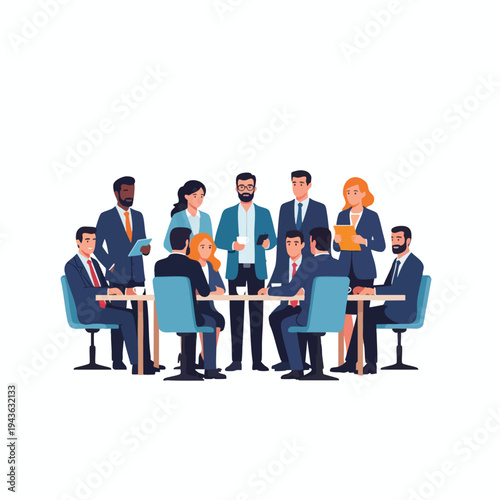 Diverse business people in suits gathered around a table for a meeting