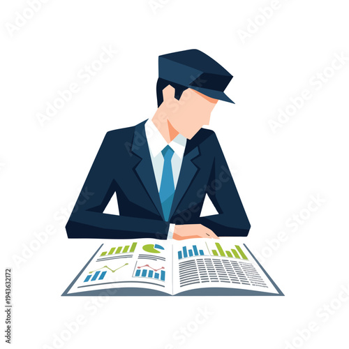 Man in suit and cap studying open book with financial charts and graphs