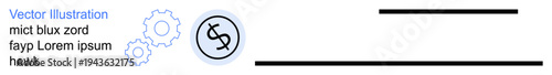 Financial technology, business automation, corporate finance, innovation, workflow management, software solutions. Gear icons and dollar symbol. Financial technology and business automation concept
