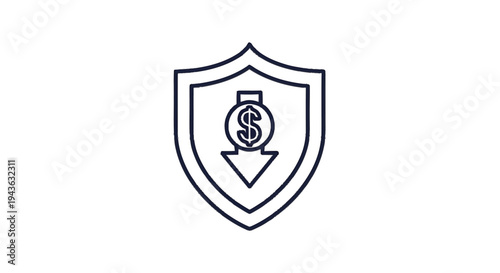 Shield with Dollar Sign and Downward Arrow Icon.
