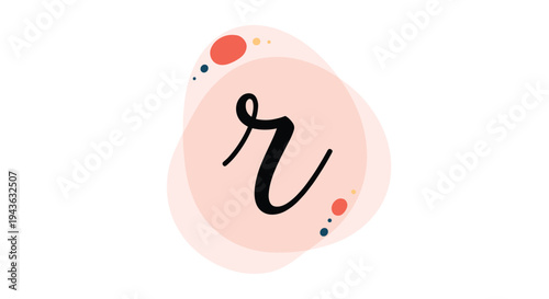 lowercase script letter r is centered on a soft pink abstract blob background with small decorative dots for a modern logo or monogram style.