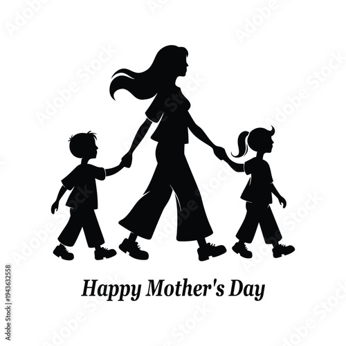 Silhouette of Mother Walking and Holding Hands with Two Children for Mother's Day