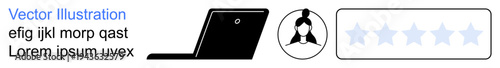 Online reviews, reputation management, feedback systems, digital interactions, user profile assessment, business ratings. Laptop with profile icon and star ratings. Online reviews and reputation