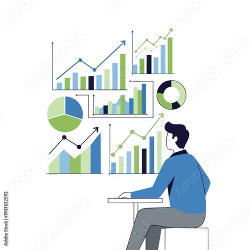 A person sits at a desk analyzing various colorful business charts and graphs