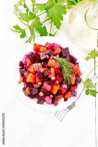 Salad of beetroot and pea on board top