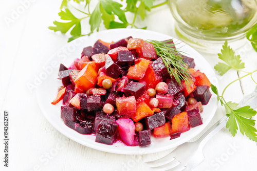 Salad of beetroot and pea on board