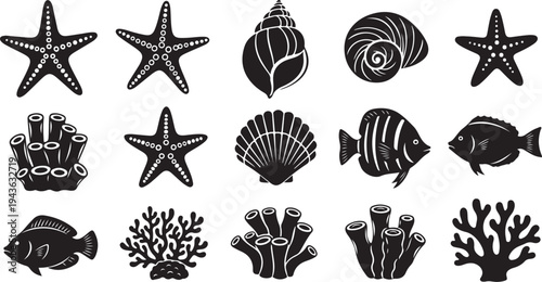 Underwater ocean sea creatures and coral reef icons set