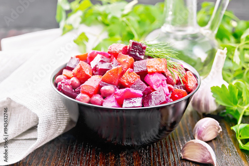 Salad of beetroot and green pea on board