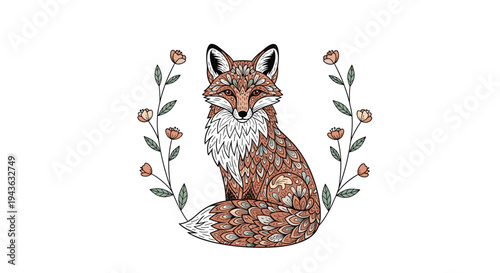 majestic fox figure embellished with intricate floral patterns and leaf designs is shown in a beautiful colored sketch style for nature lovers.