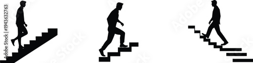 Staircase silhouette illustration set, people ascending descending stairs vector, movement design art, progress regression symbol, direction icon, pathway lifestyle graphic