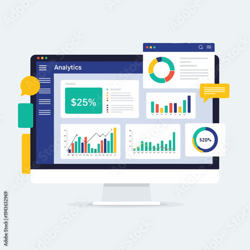 Colorful vector illustration of a computer screen displaying analytics data