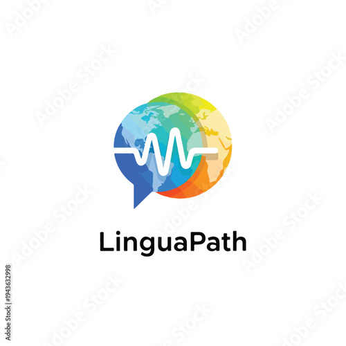 Colorful logo featuring a speech bubble, globe, and sound wave