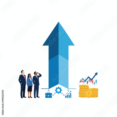Team observes a blue upward arrow and financial growth symbols