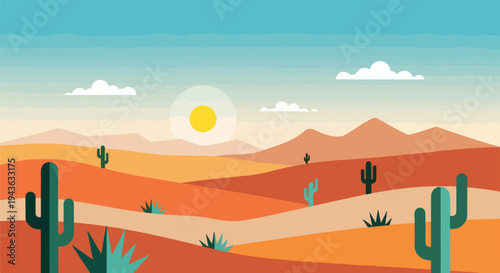 Desert landscape with cacti, sun, clouds, and colorful rolling hills