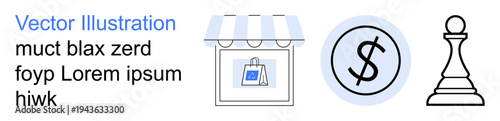 Business growth, financial planning, online shopping, strategic decision making, e-commerce, economy. Retail storefront, dollar symbol and chess piece. Business growth and financial planning